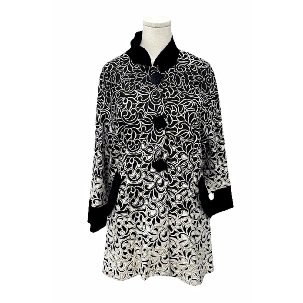 NWT Black White Ombré Floral Foliage Collared Button Front Pocket Jacket 3/4 3XL